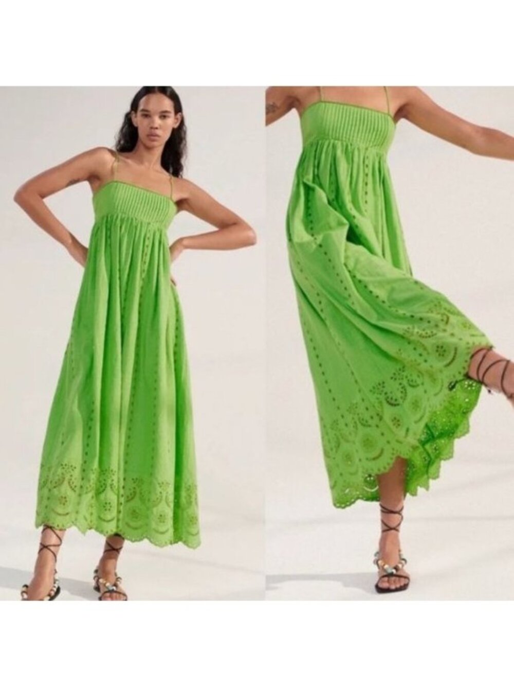 Zara Green Maxi Dress X Large Embroidered Pleated